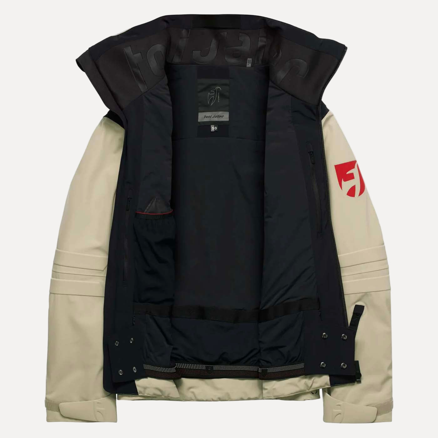 Two-tone jacket with black and beige colors on a white background