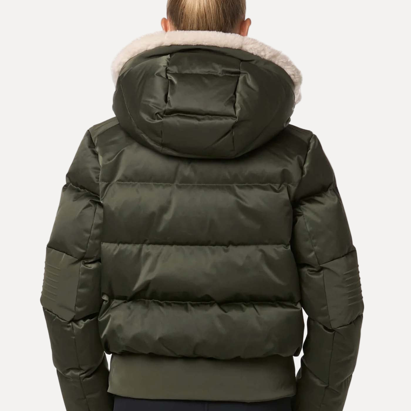 Green puffer jacket with a fur-lined hood on a white background