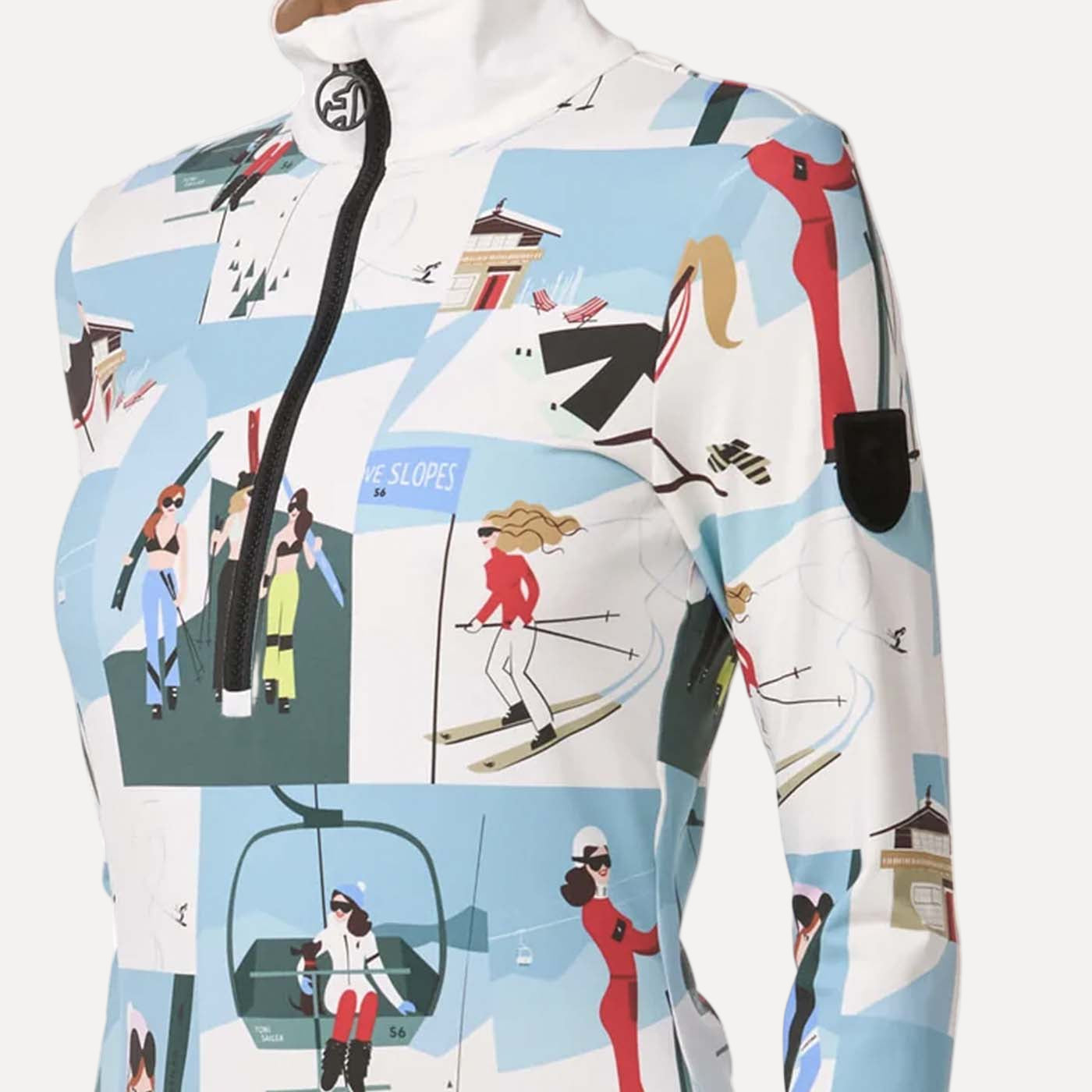 Colorful ski-themed jacket with illustrations on a white background