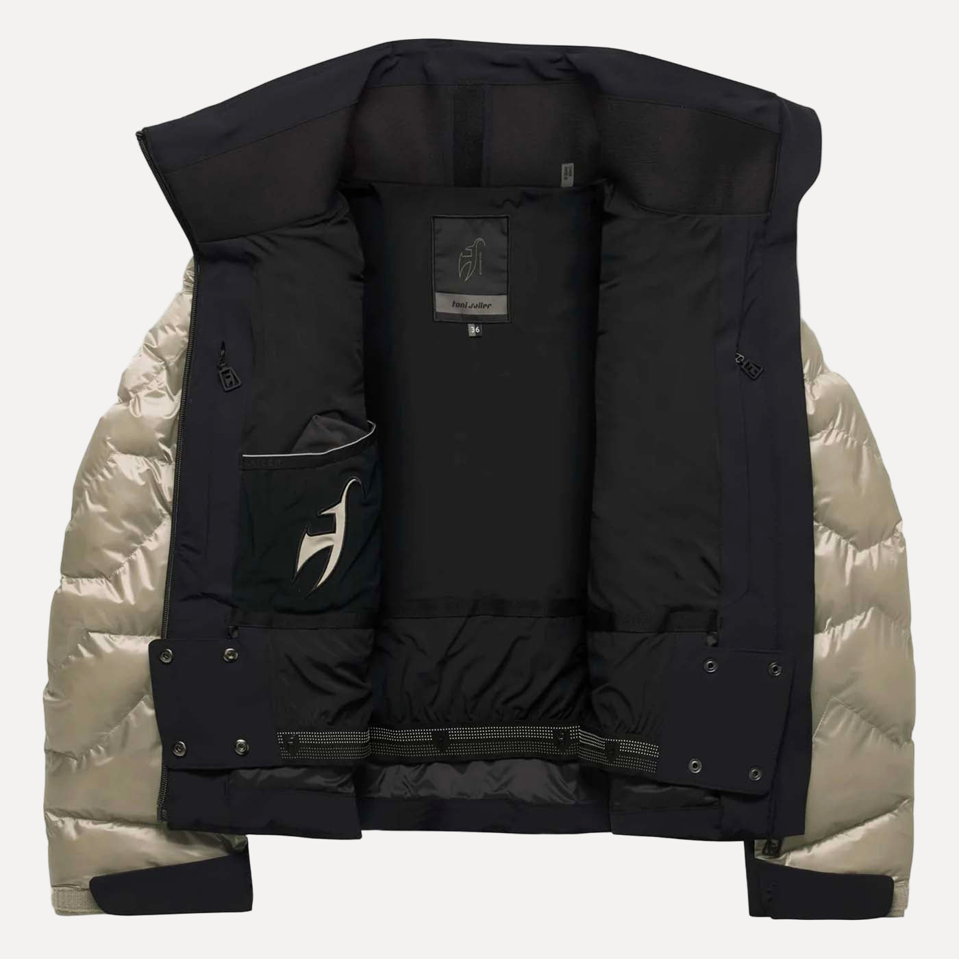 Back view of a black puffer jacket with beige quilted design on a white background