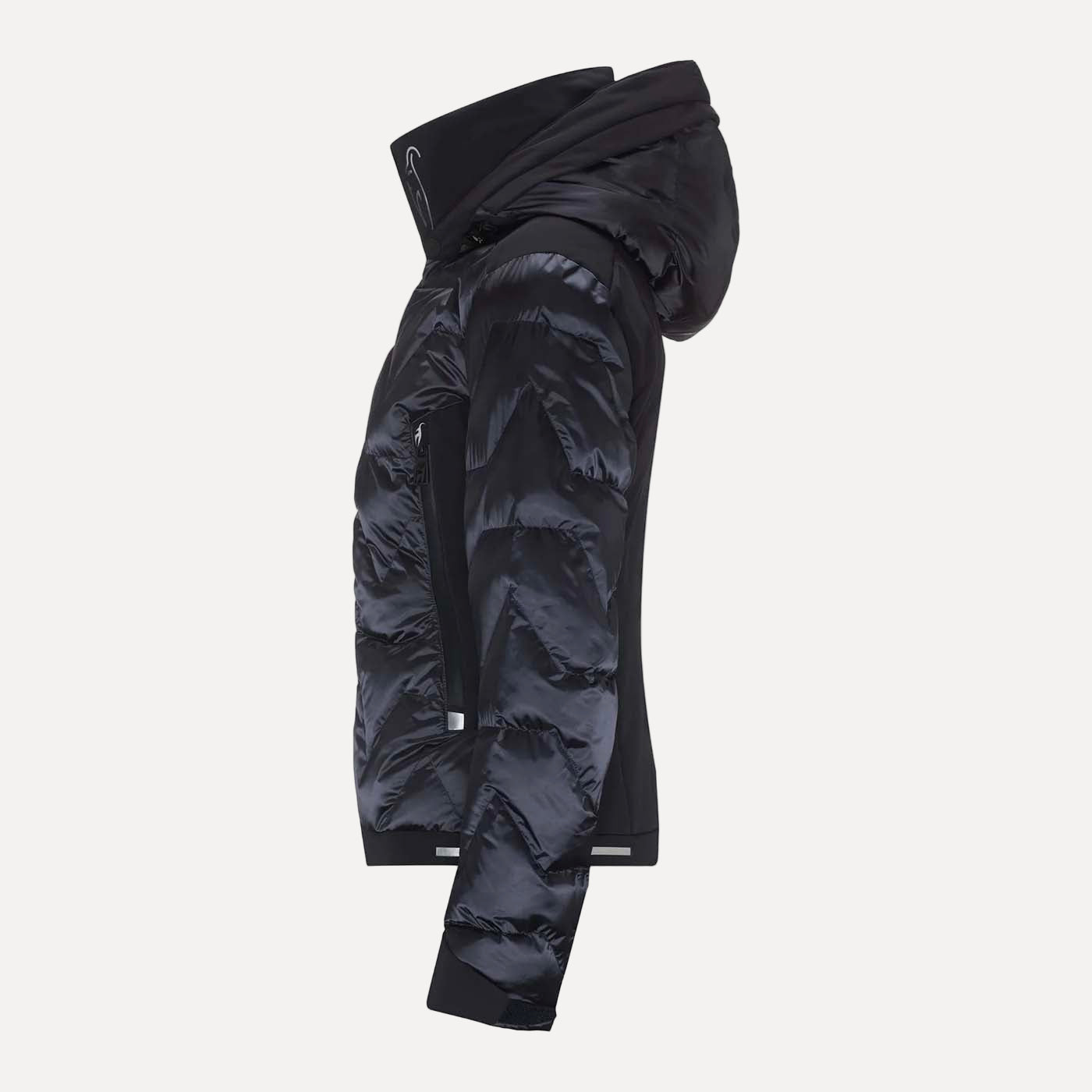 Black puffer jacket with a hood on a white background