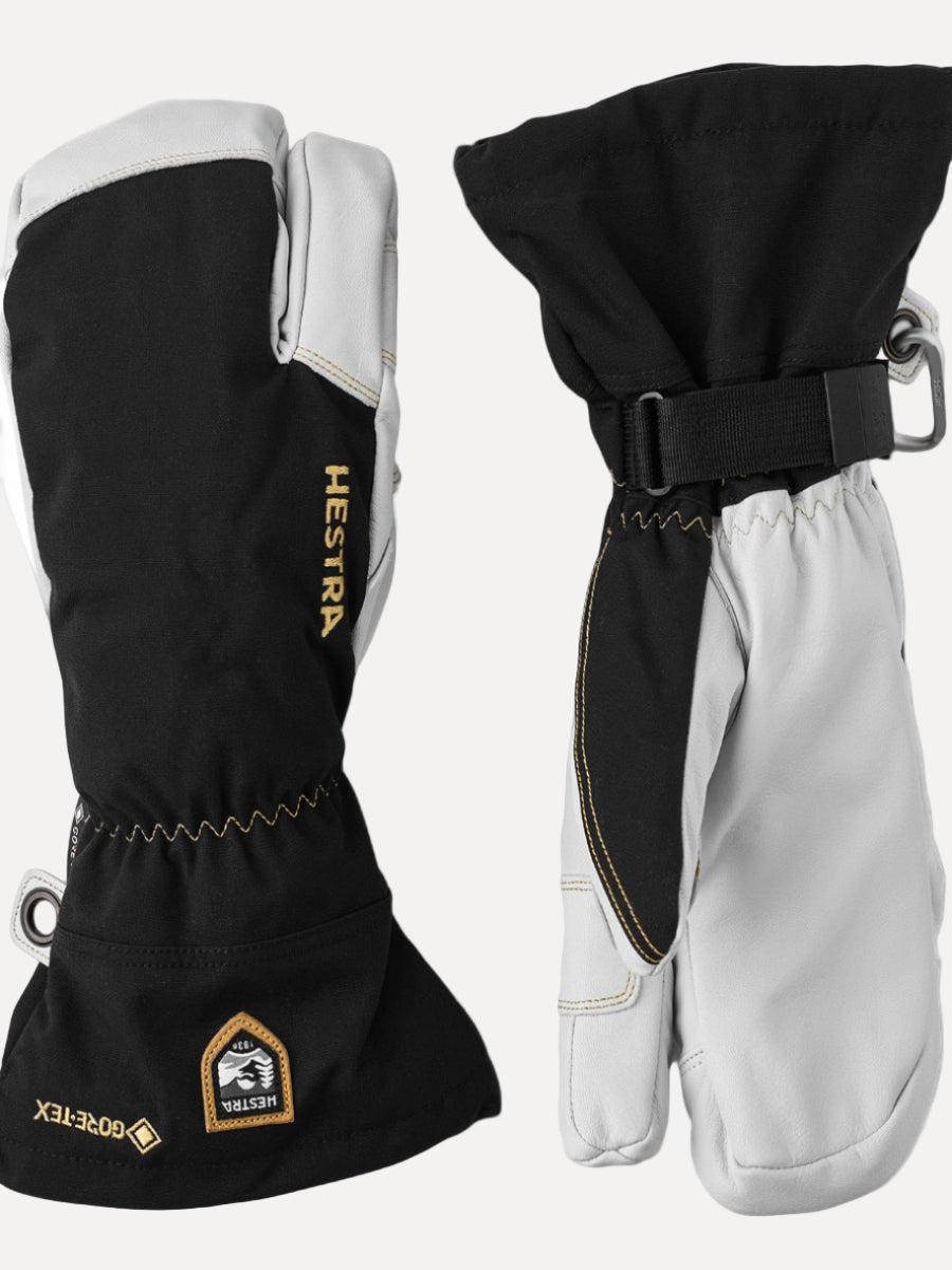 A pair of black and white 3-finger alpine gloves with a GORE-TEX membrane, featuring polyamide fabric backhand and leather palm.