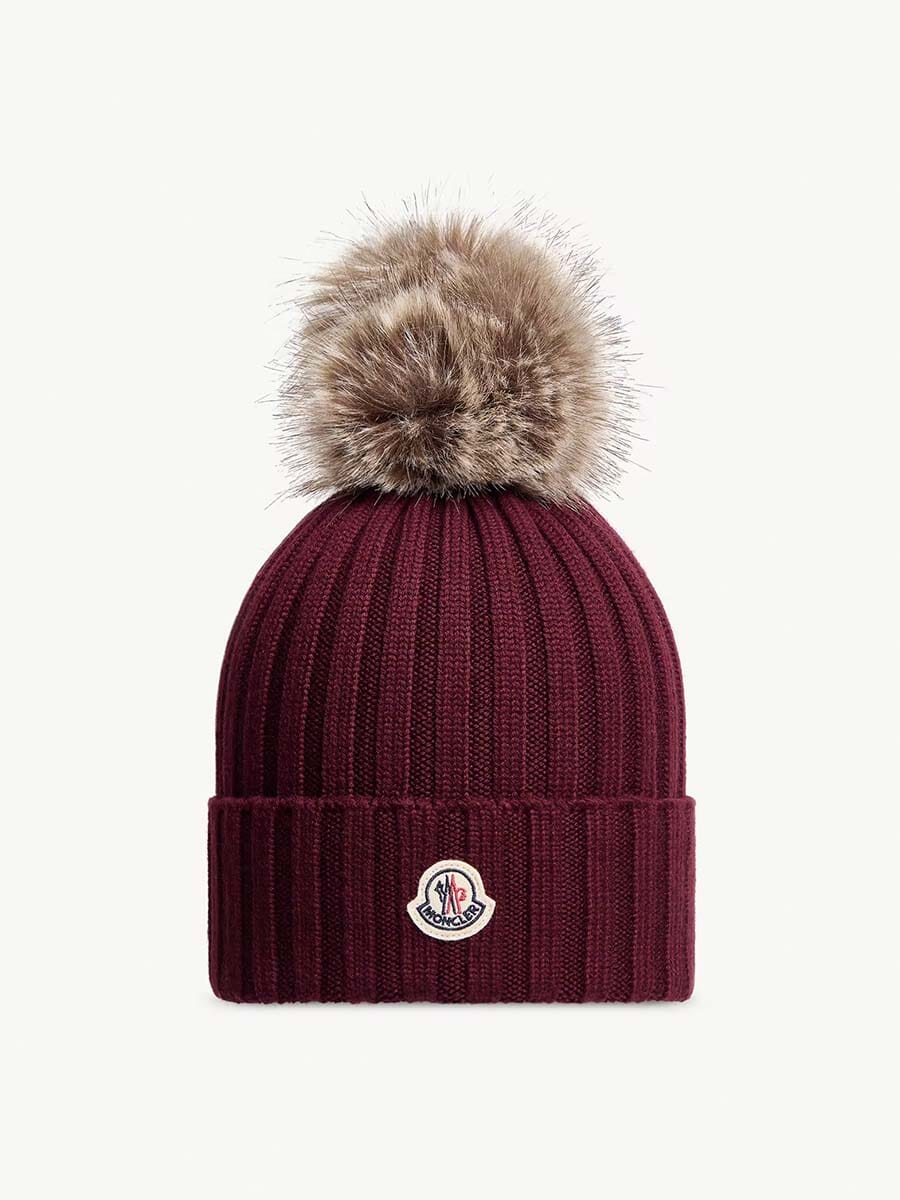 Moncler - Wool Beanie with Faux Fur Pom Pom Unclassified Moncler Burgundy