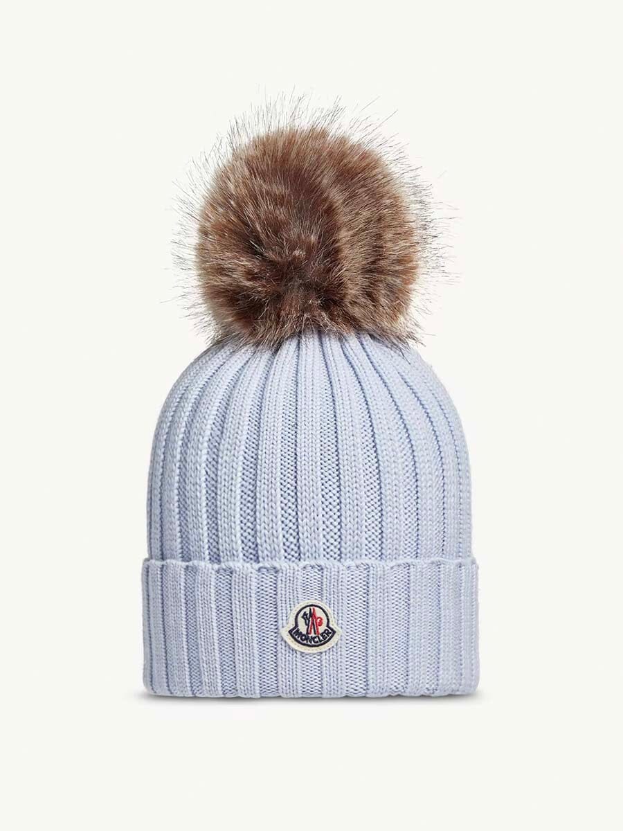 Moncler - Wool Beanie with Faux Fur Pom Pom Unclassified Moncler Light blue