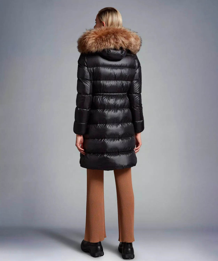 Moncler shiny black jacket with fur hood best sale