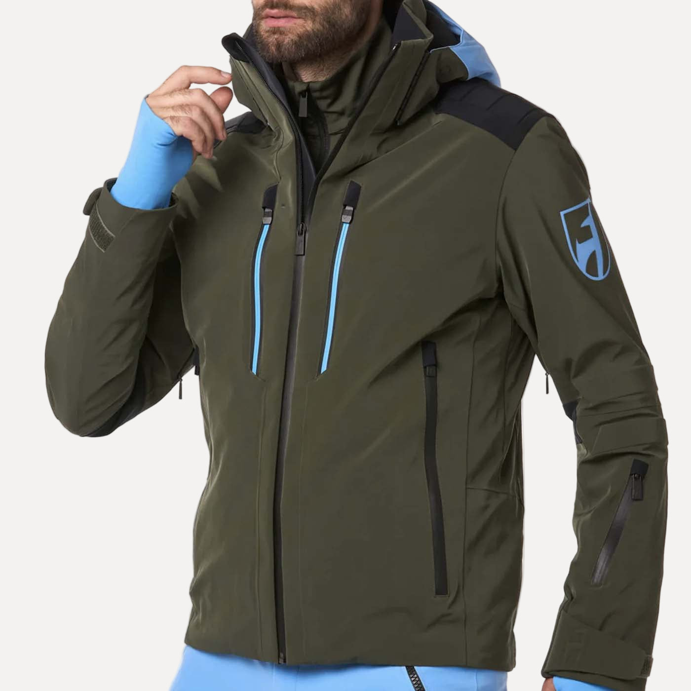 Green jacket with blue accents on a white background
