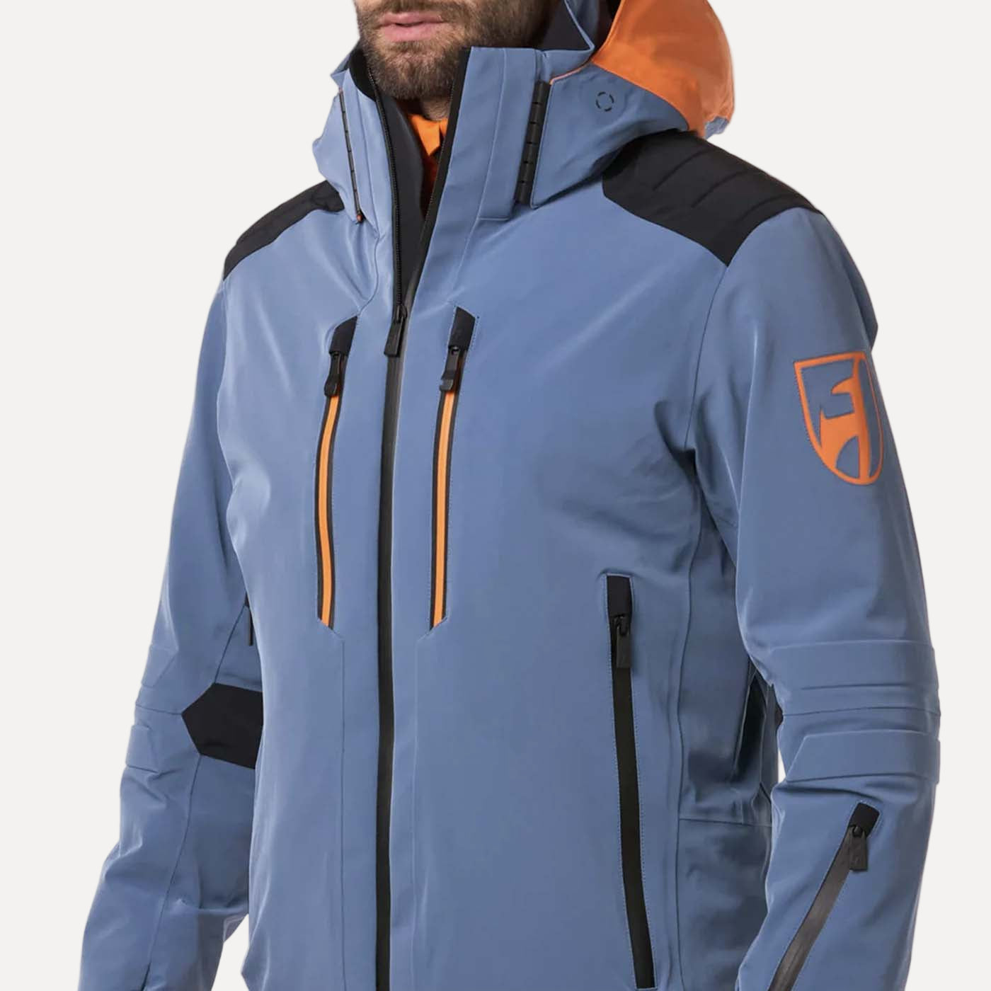 Blue jacket with orange accents and a brand logo on a white background