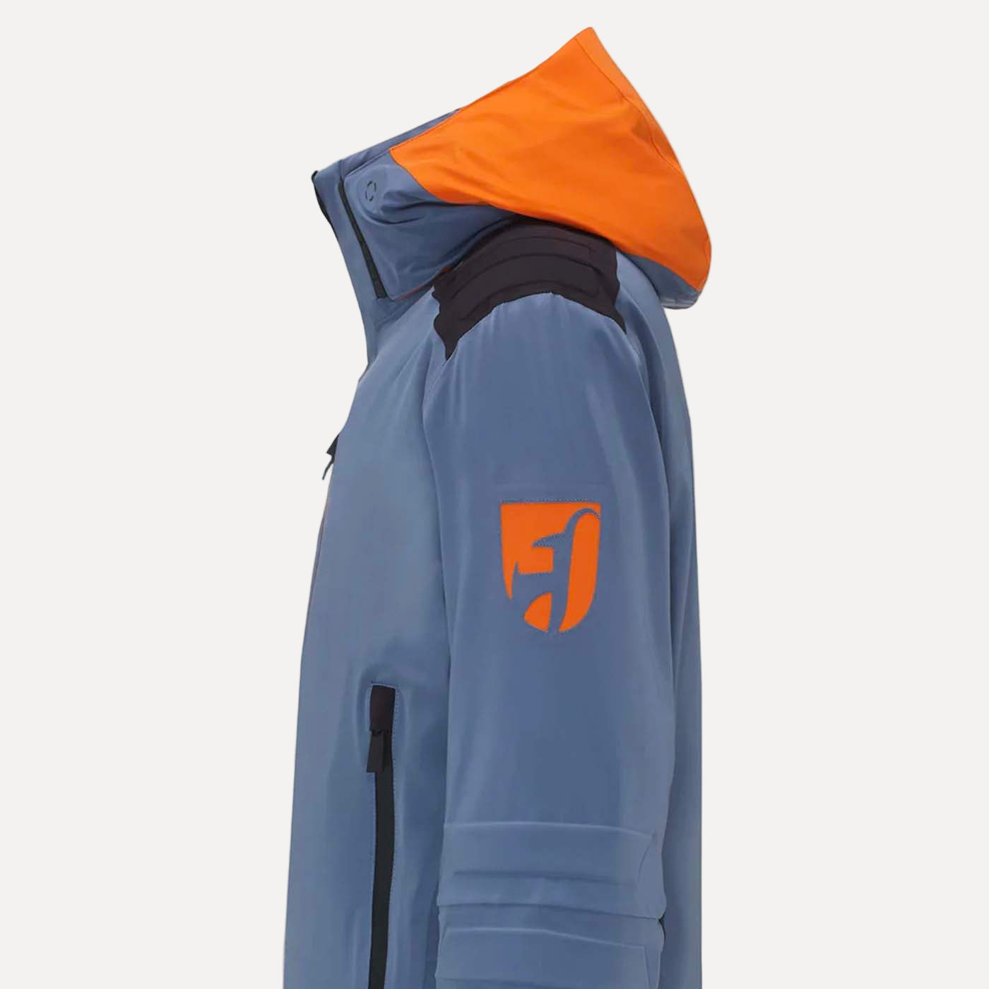Blue jacket with orange hood and logo on a white background
