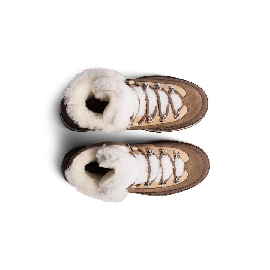 Mono x We Norwegians Tag Cap — Brown shearling hiking boot, back view