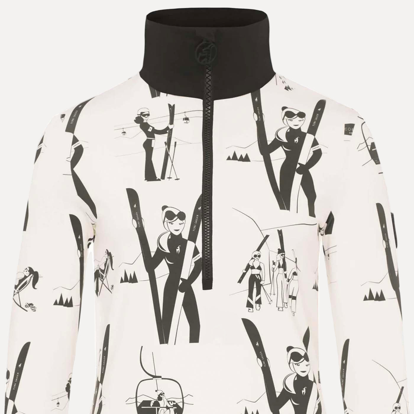 White jacket with black ski-themed pattern on a white background