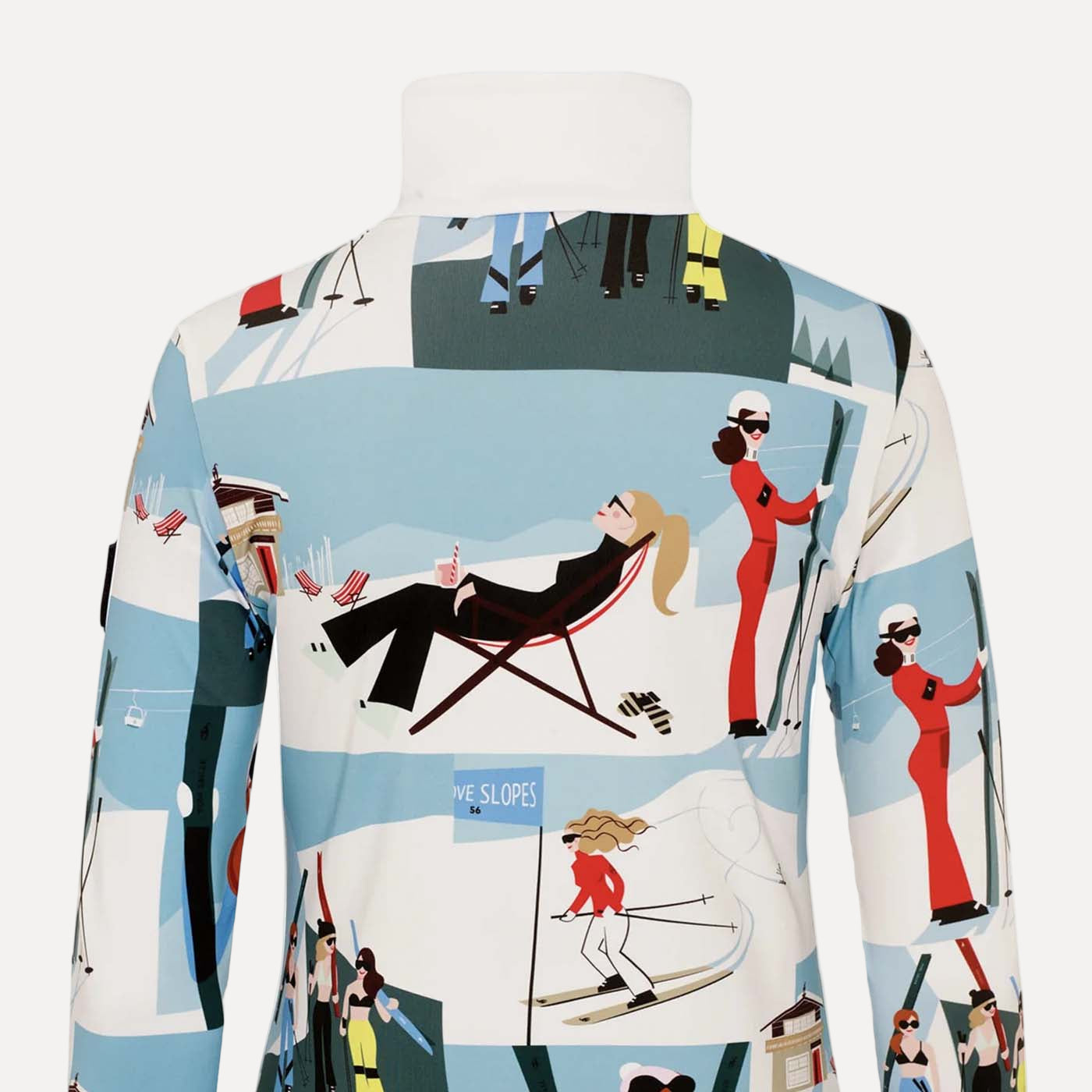 Colorful jacket with winter sports-themed design on a white background