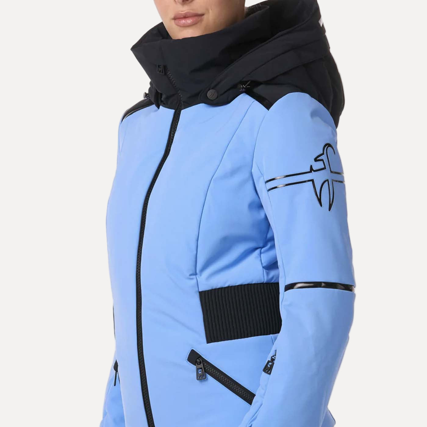 Light blue ski jacket with black accents on a white background